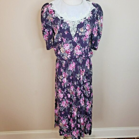 Vtg 80's Floral Dress Cottage Prairie Lace Traditional Garden Party Blue Medium - Picture 12 of 12